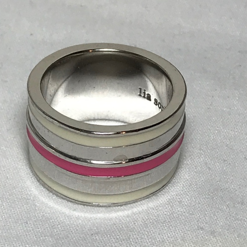 Lia Sophia Silver Ring with Pink and Cream Enamel Bands